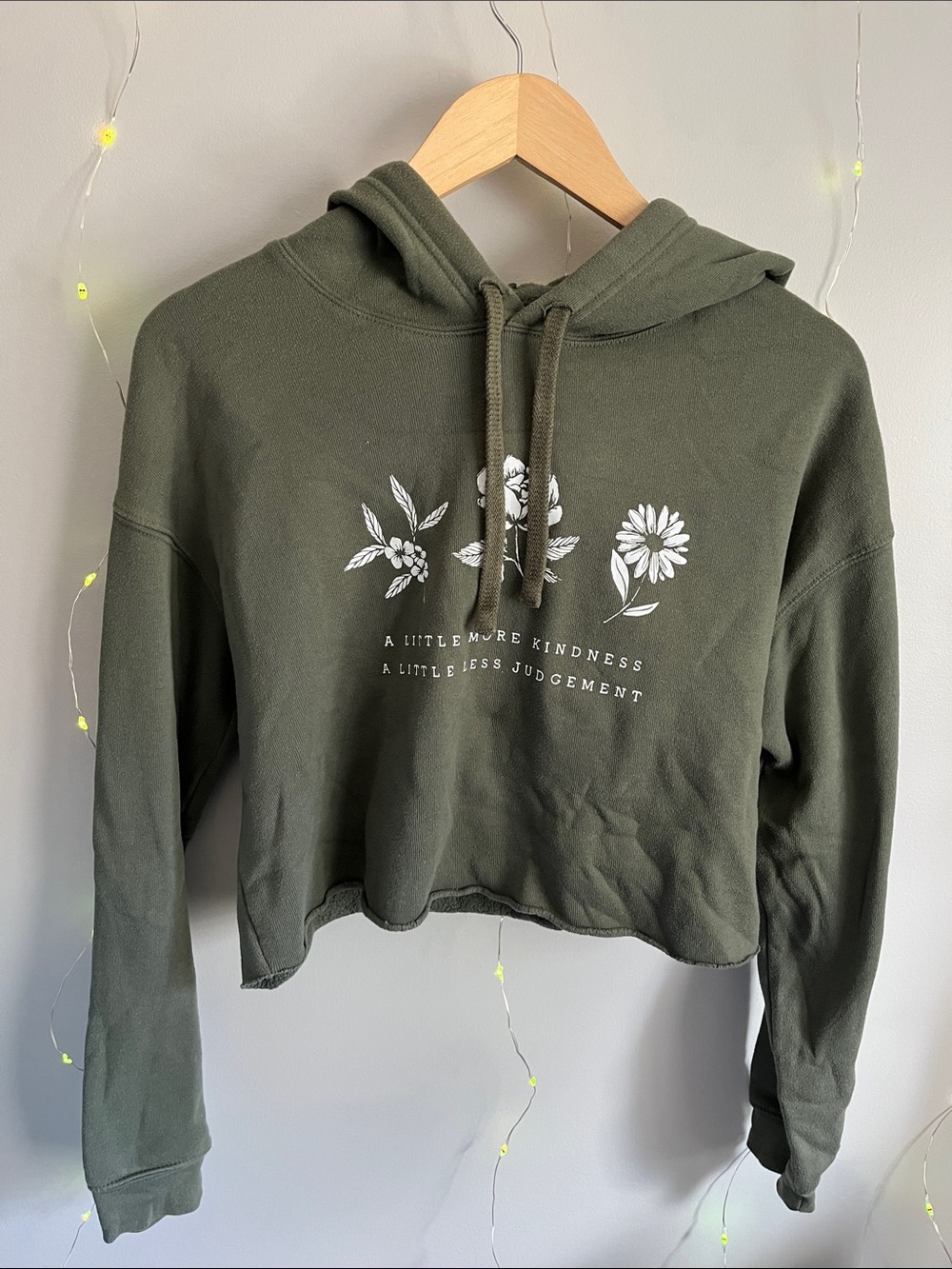 Olive Green Cropped Hoodie Sweater with Floral Print